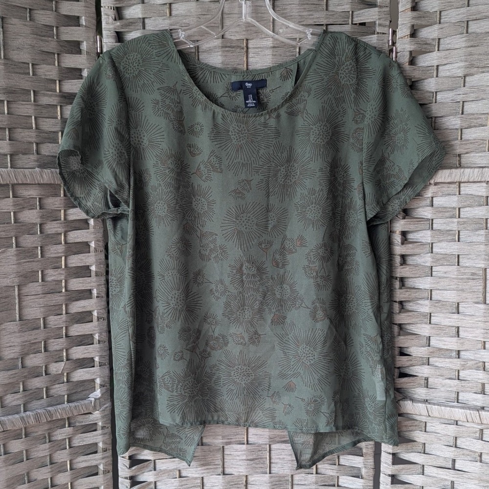 Gap Blouse Olive Green Abstract Sunburst Print Split Back Women Sz S Semi Sheer